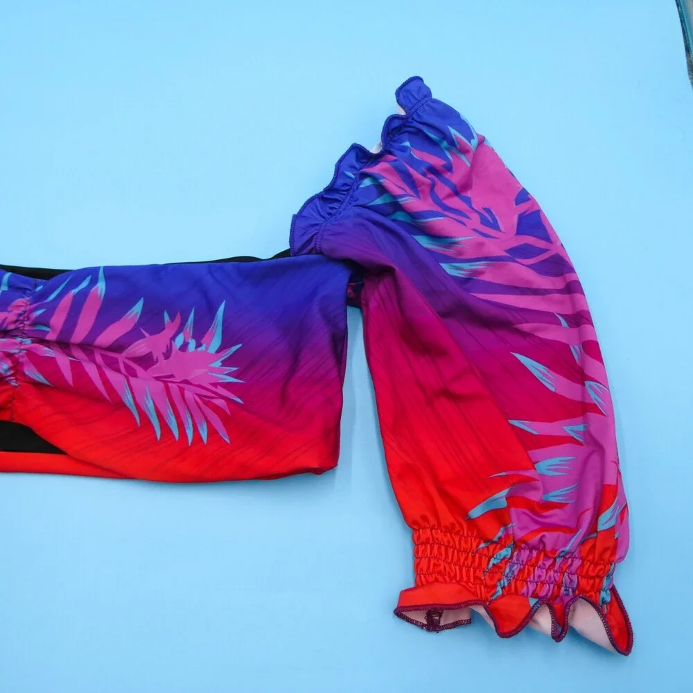 B Fyne XL Blue Red Floral Off The Shoulder‎ Ruffle Cropped Bikini Top Swimwear